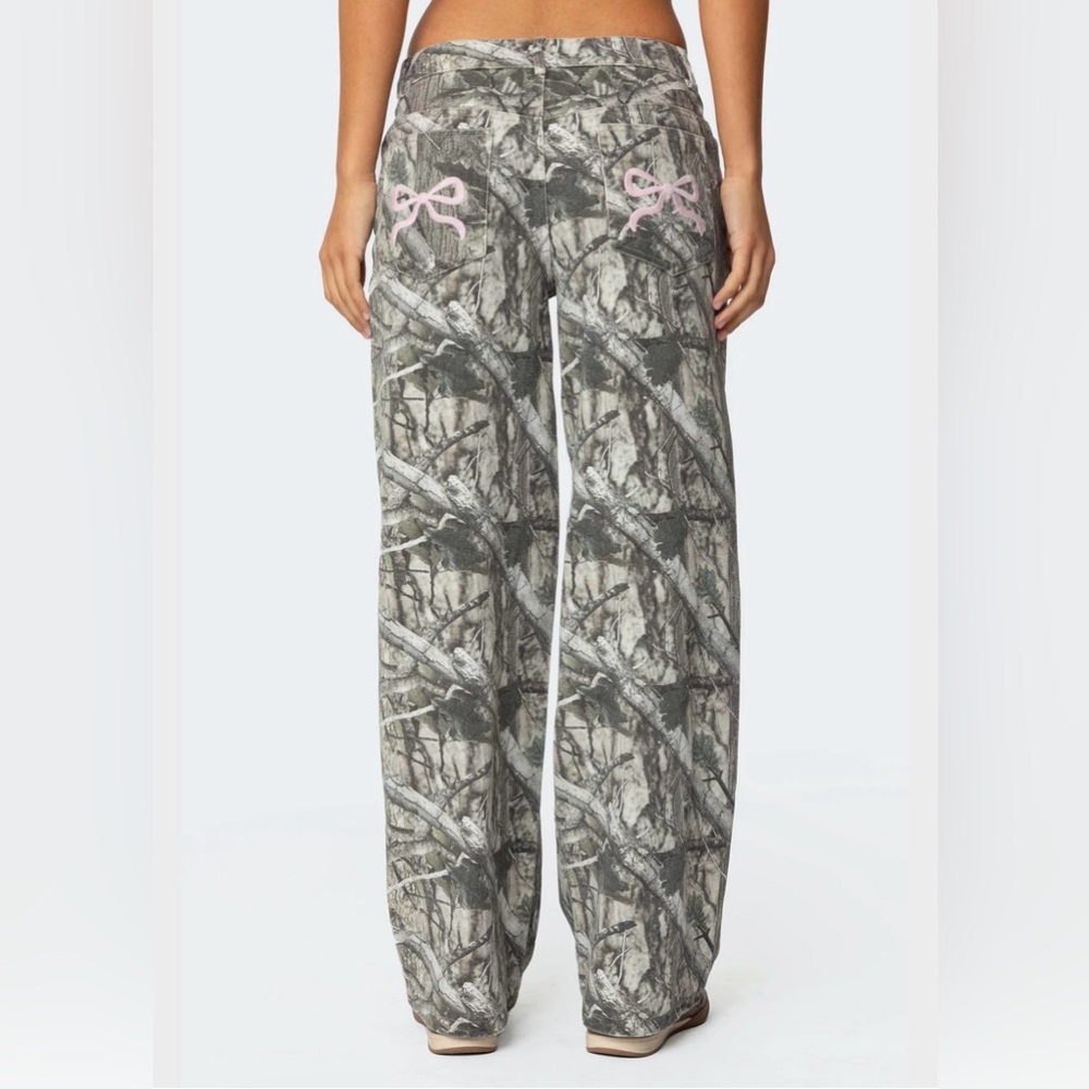 Edikted Camo Bow Low Rise Baggy Wide Leg Jeans Pink Bow Y2K Coquette Large